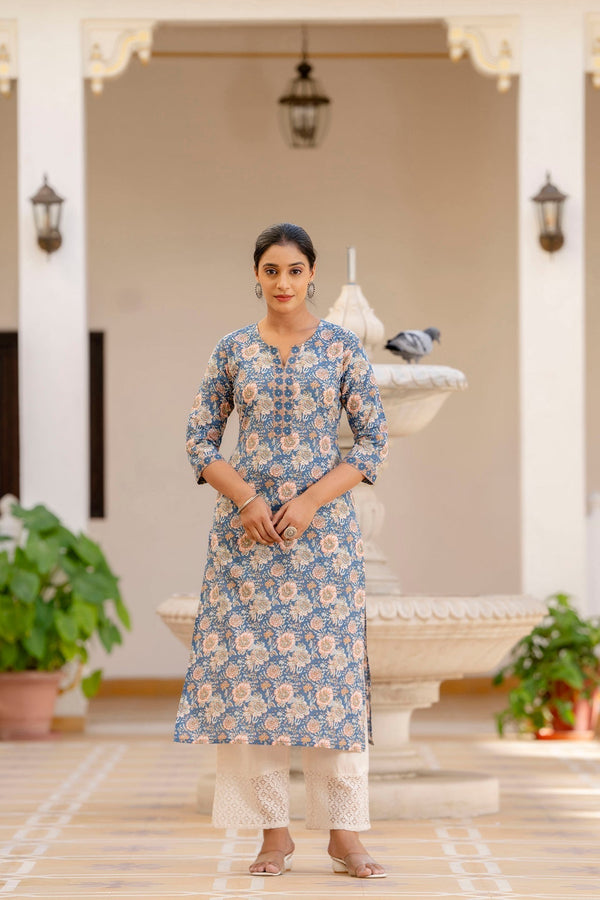 Women's Blue Printed Straight Kurta with Three Quarter Sleeves - Taantav