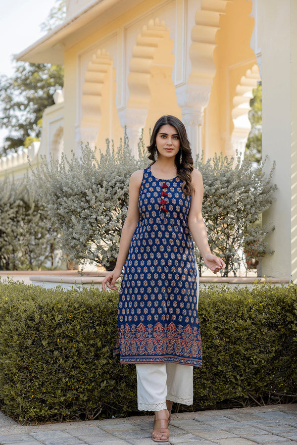 Women's Navy Blue Printed Straight Sleeveless Kurta - Taantav