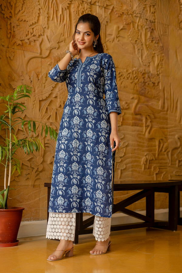 Women's Blue Printed Straight Kurta with Three Quarter Sleeves - Taantav