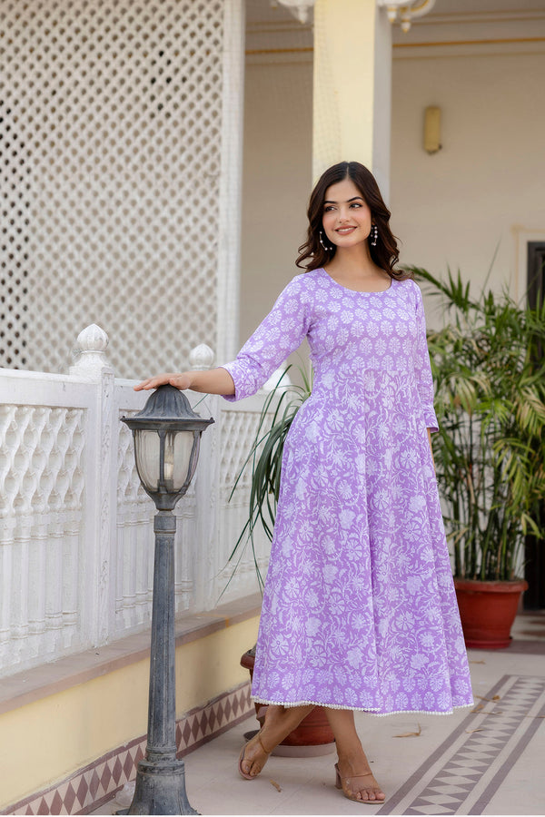 Women's Purple Ethnic Printed Flared Dress - Taantav