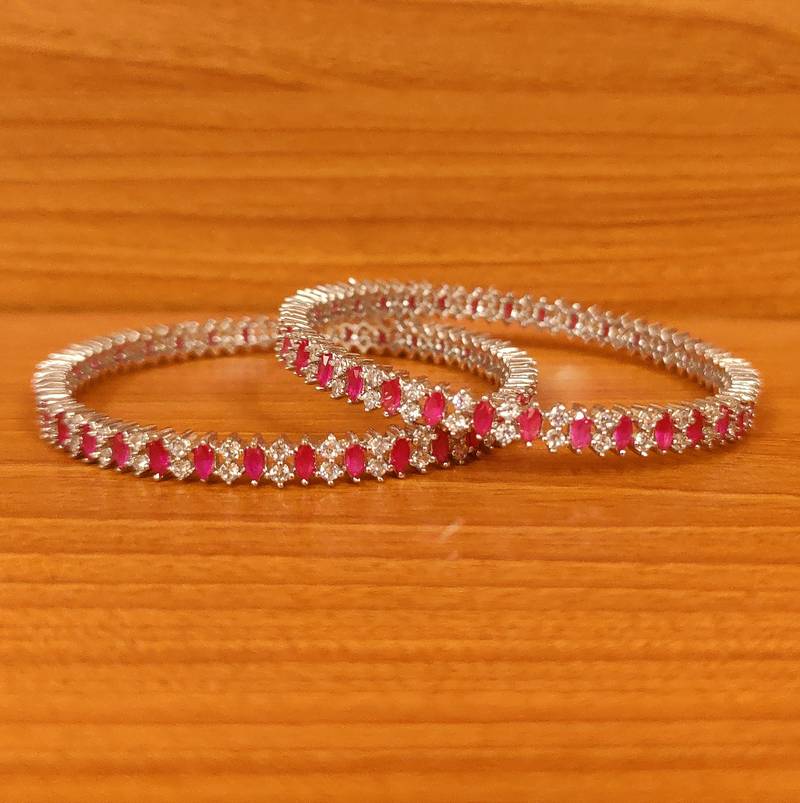 Women's Silver Plated Cz Studded Ruby Diamond Look Bangles - Sanvi Jewels