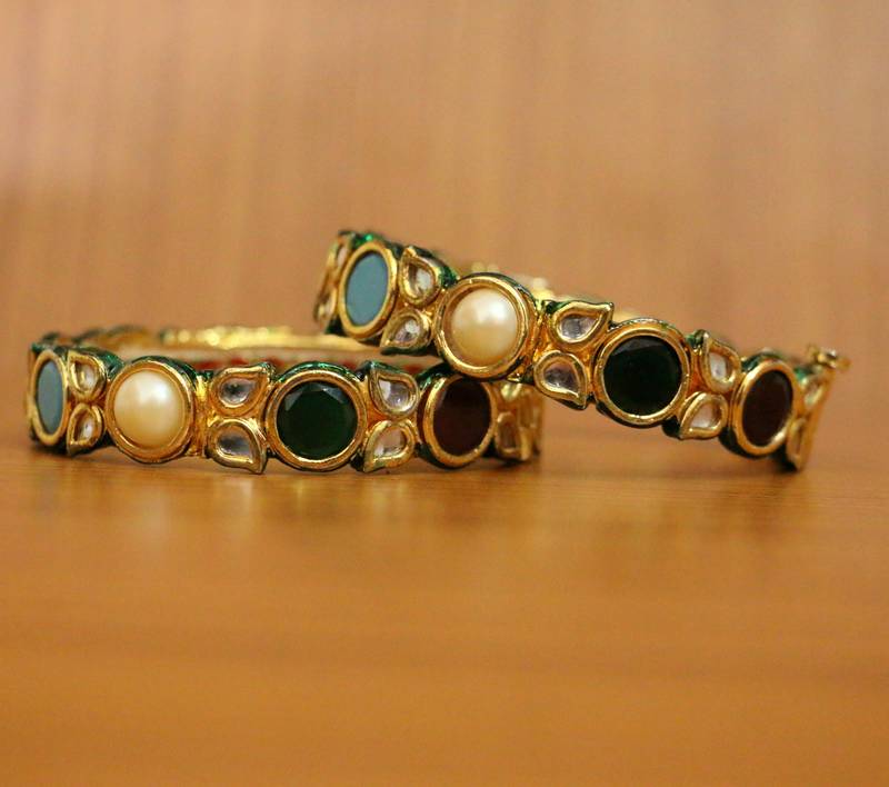 Women's Navratan Kundan Meenakari Bangles - Sanvi Jewels