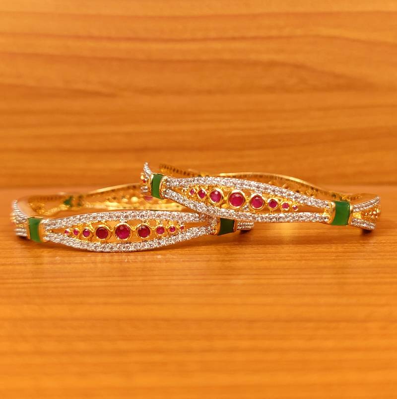 Women's Ruby & Emerald Cz Studded Diamond Look Bangles - Sanvi Jewels