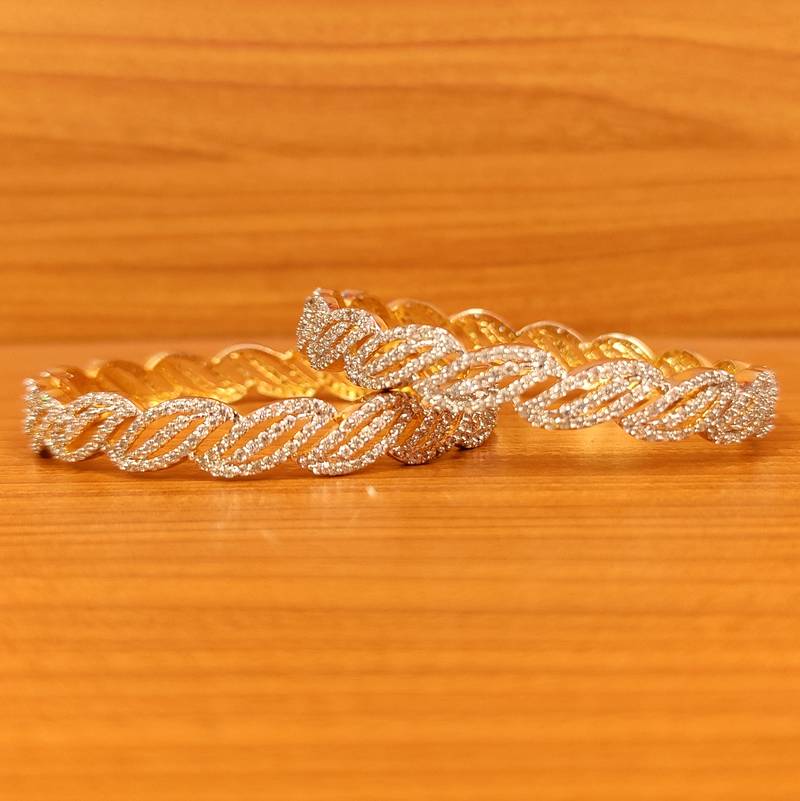 Women's Leaf Pattern Cz Studded Diamond Look Bangles - Sanvi Jewels