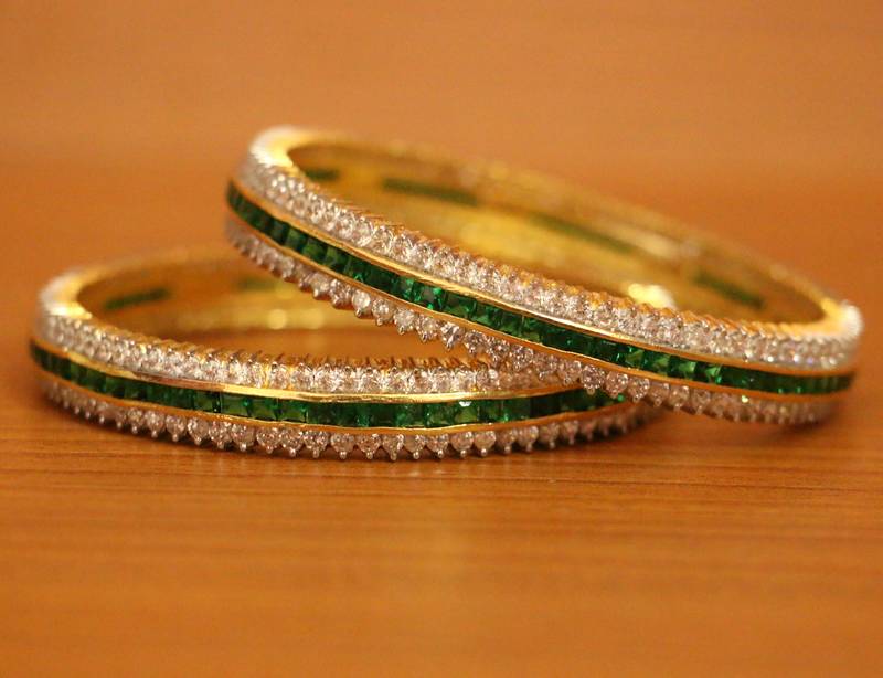 Women's Green Diamond Look Gold Plated Bangles - Sanvi Jewels