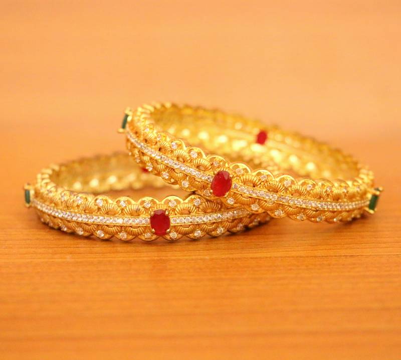 Women's Matt Gold Look Cz Ruby & Emerald Look Bangles - Sanvi Jewels