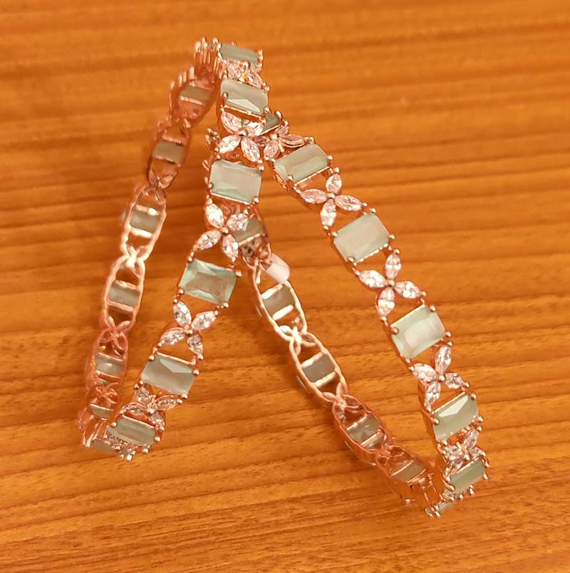 Women's Mint Quartz Cz Studded Rose Gold Bangles - Sanvi Jewels