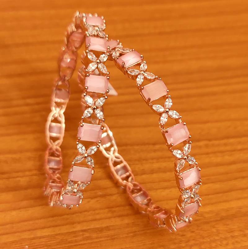 Women's Rose Pink Quartz Cz Studded Rose Gold Bangles - Sanvi Jewels