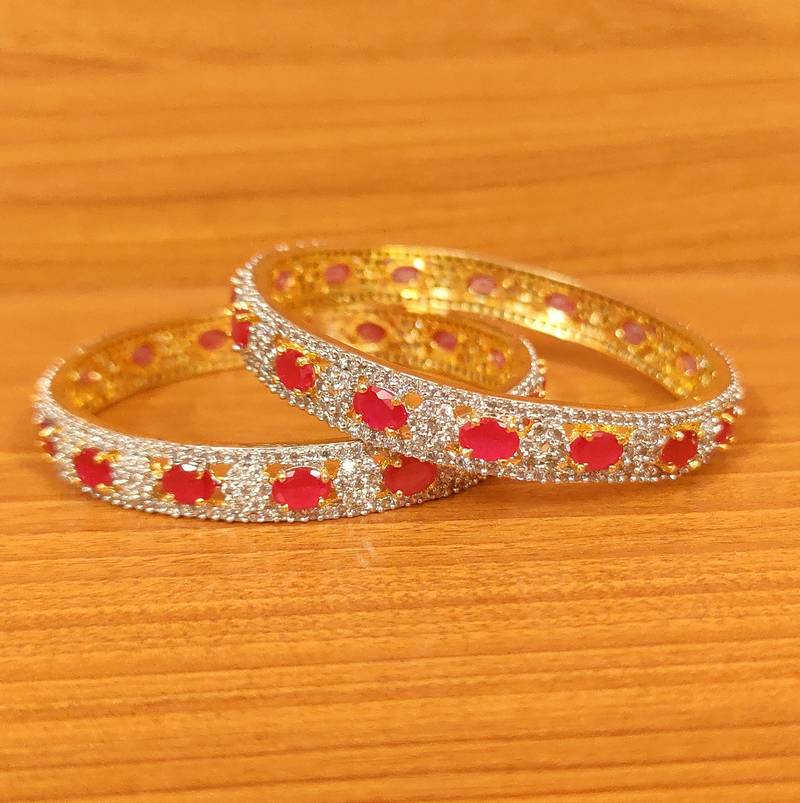 Women's Ruby & Cz Studded Diamond Look Gold Plated Bangles - Sanvi Jewels