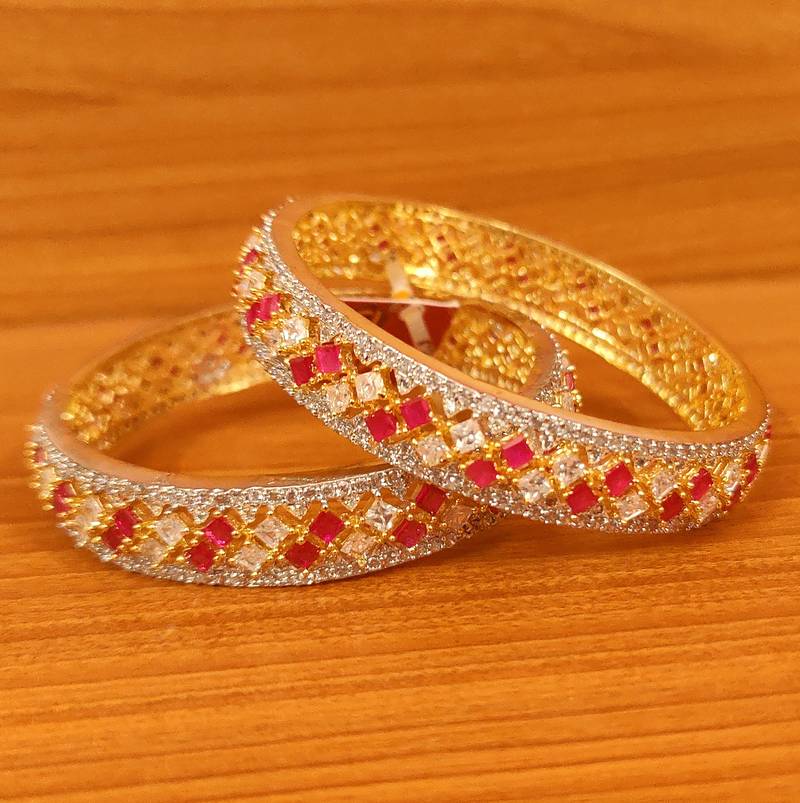 Women's Ruby Princess Cut Cz Studded Diamond Look Bangles - Sanvi Jewels