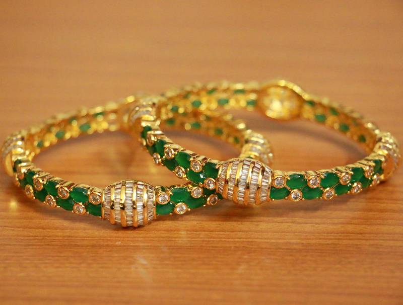 Women's Emerald Look Cz Studded Gold Plated Bangles - Sanvi Jewels