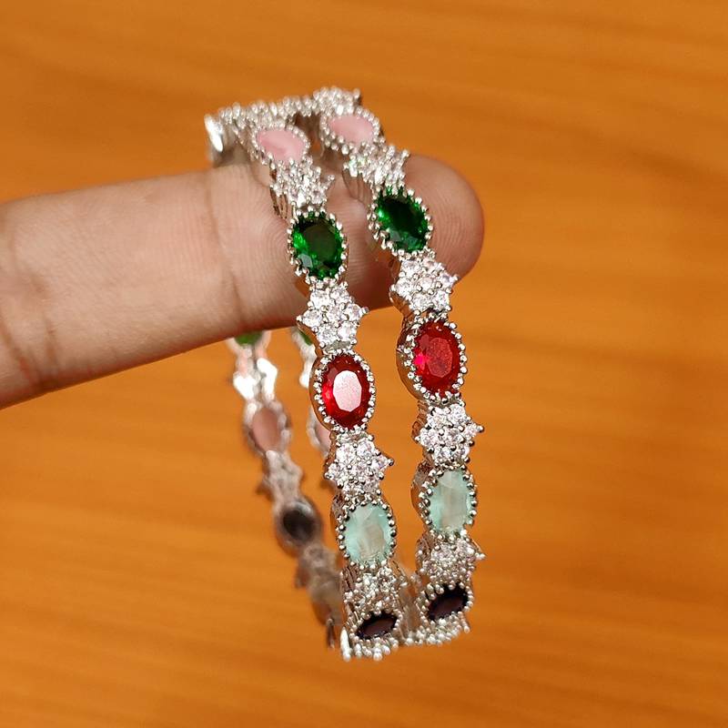 Women's Multicolour Cz & American Diamond Silver Plated Bangles - Sanvi Jewels