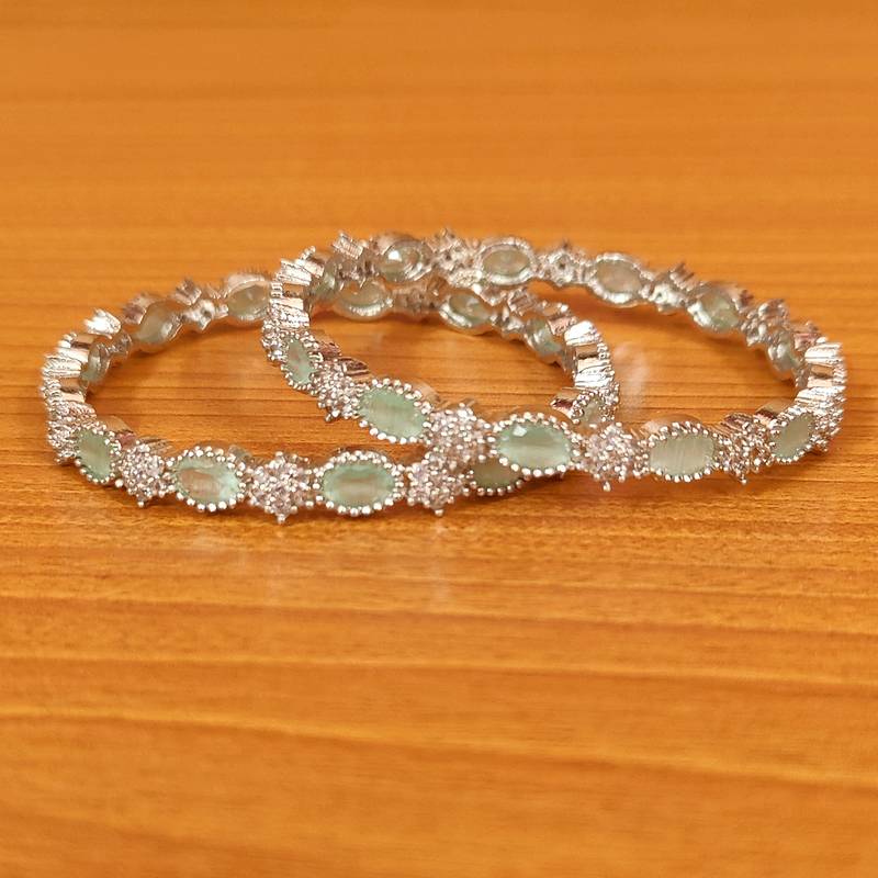 Women's Silver Plated American Diamind & Mint Green Cz Bangles - Sanvi Jewels