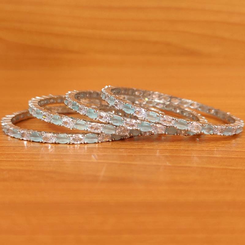 Women's Aqua Blue Cz & American Diamond Silver Plated Bangles - Sanvi Jewels