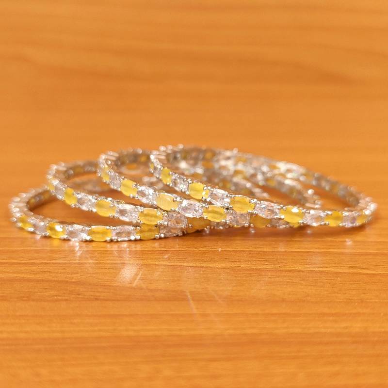 Women's Yellow Cz & American Diamond Silver Plated Bangles - Sanvi Jewels