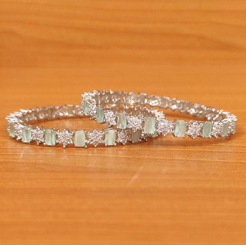 Women's Mint Green Cz & Amercian Diamond Silver Plated Bangles - Sanvi Jewels