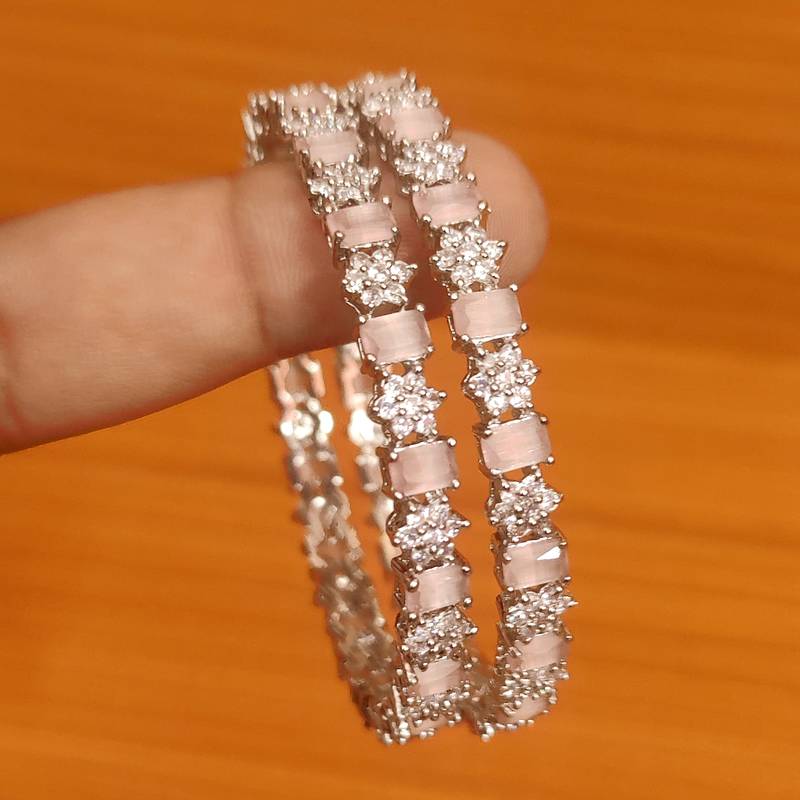 Women's Pink Cz & American Diamond Silver Plated Bangles - Sanvi Jewels