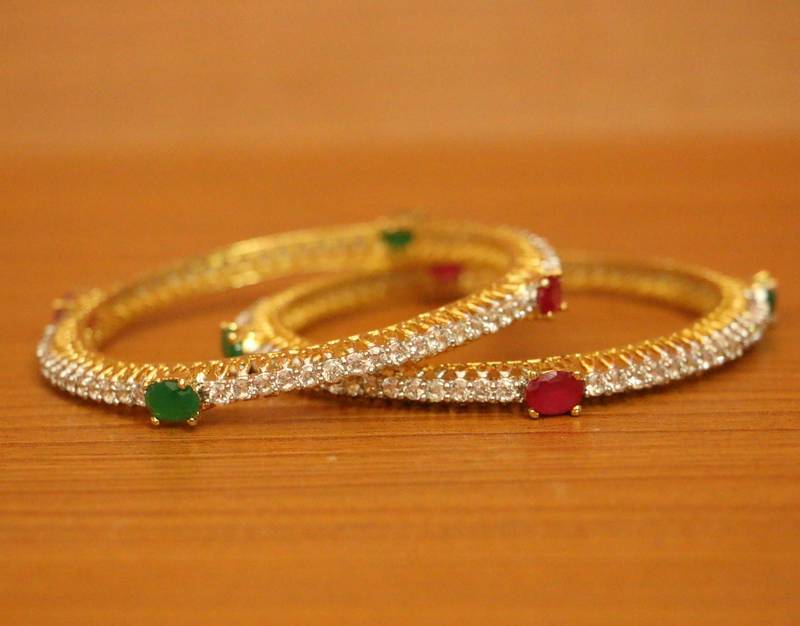 Women's Diamond Look Ruby & Emerald Look Gold Plated Bangles - Sanvi Jewels