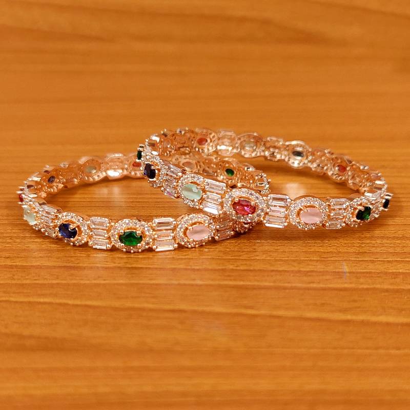 Women's Multicolour Cz & American Diamond Rose Gold Bangles - Sanvi Jewels