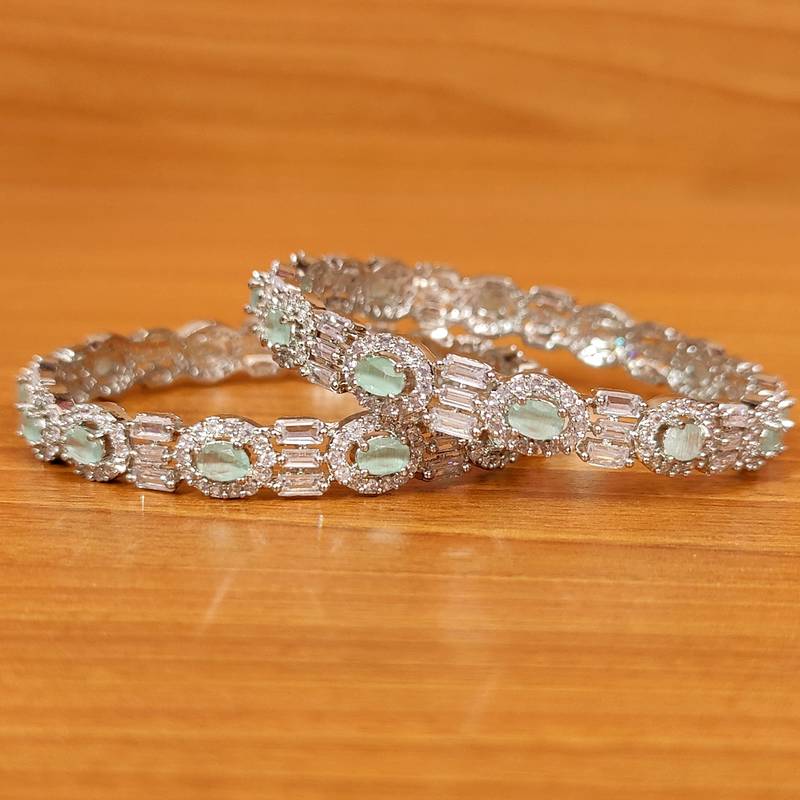 Women's Mint Green Cz & Baugette Studded Diamond Look Bangles - Sanvi Jewels