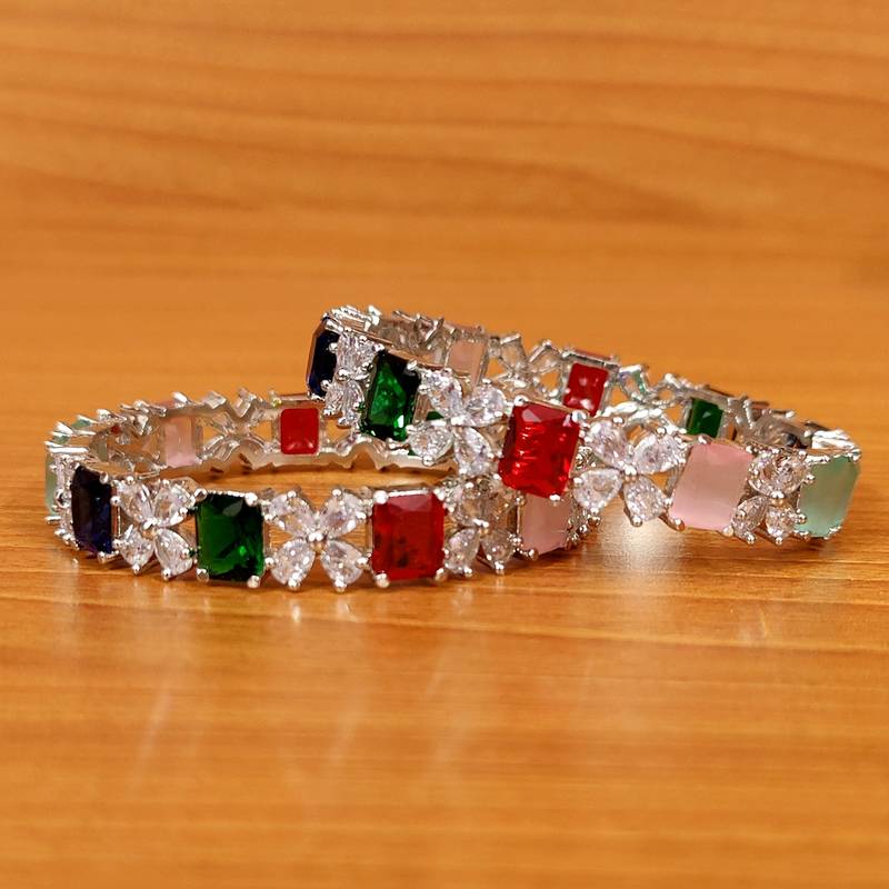 Women's Flower Pattern Multicolour Cz Studded Silver Plated Bangles - Sanvi Jewels