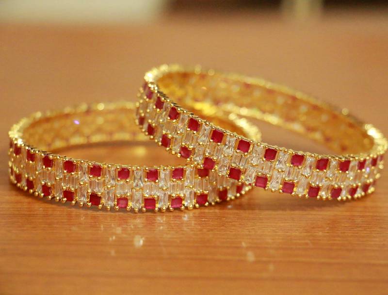 Women's Ruby Colour Cz Studded Gold Plated Bangles - Sanvi Jewels