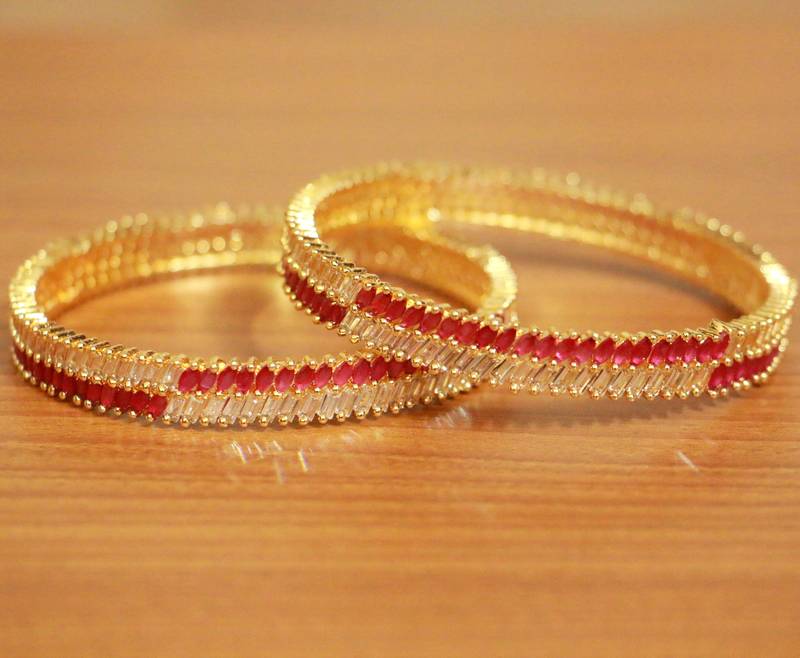 Women's Ruby Colour Cz Diamond Look Gold Plated Bangles - Sanvi Jewels