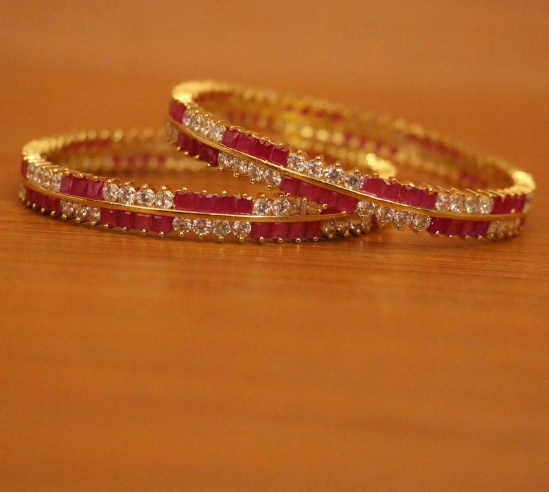 Women's Ruby Diamond Look Gold Plated Bangles - Sanvi Jewels