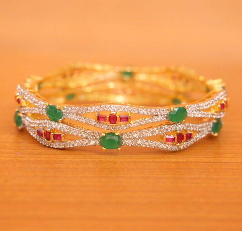 Women's Diamond Look Ruby & Emerald Bangles - Sanvi Jewels