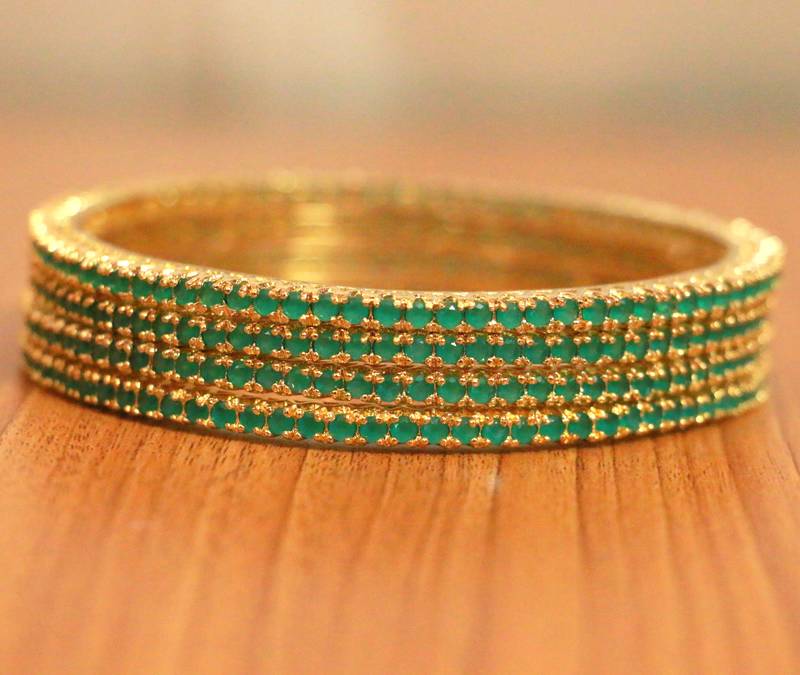 Women's Emerald Look Silgle Line Gold Plated Bangles - Sanvi Jewels