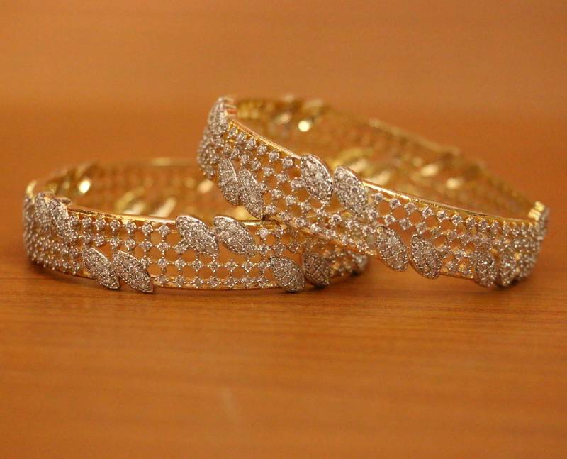 Women's Cz Studded Diamond Look Leaf Pattern Bangles - Sanvi Jewels