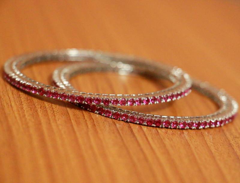 Women's Silver Plated Pink Cz Single Line Bangles - Sanvi Jewels