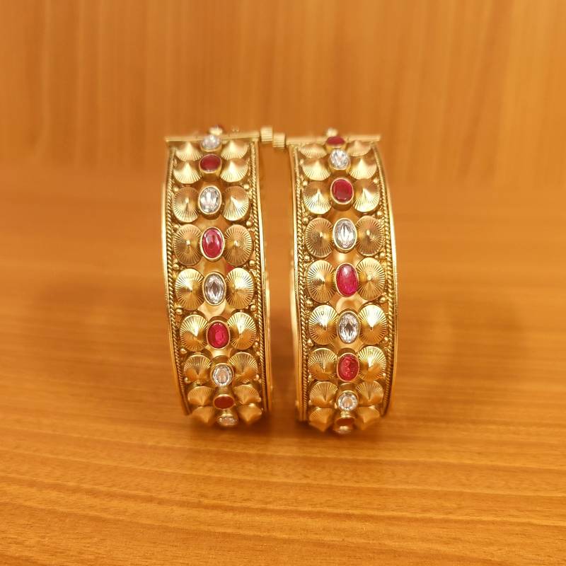 Women's Ruby & Kundan Look Antique Matt Gold Openable Bangles - Sanvi Jewels