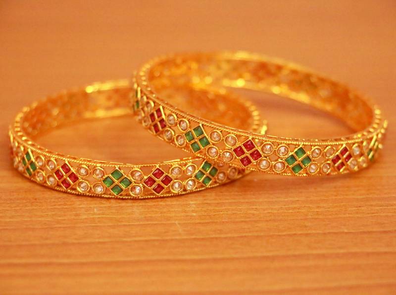 Women's Multicolour Gold Plated Red & Green Polki Bangles - Sanvi Jewels