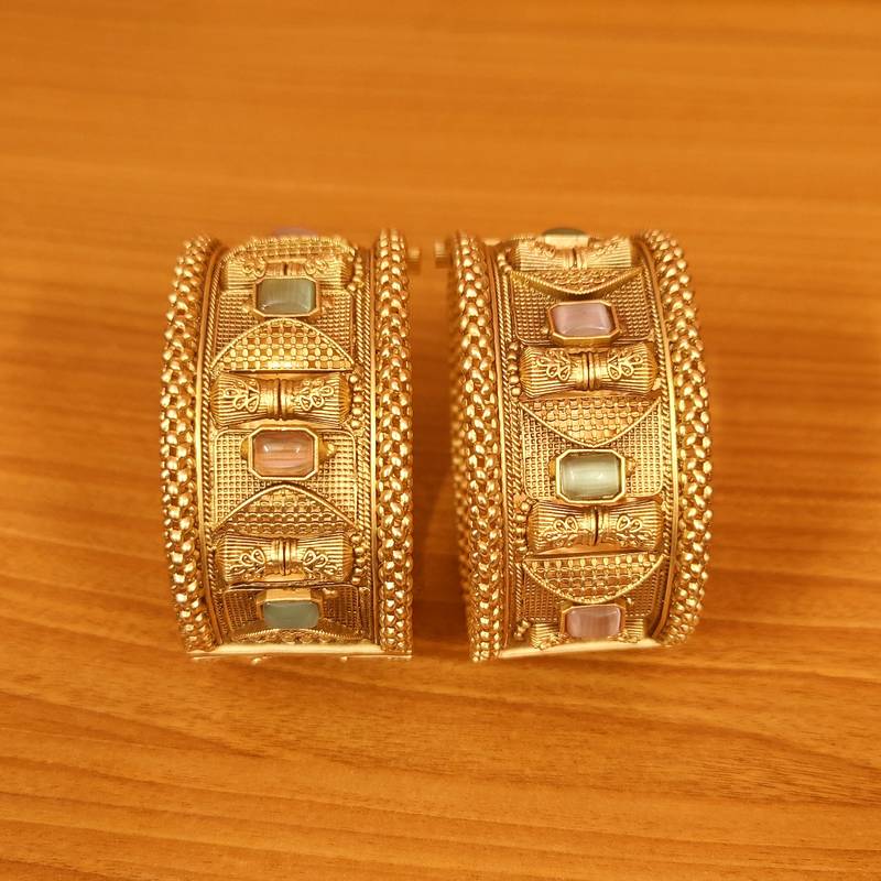 Women's Mint Green & Pink Colour Matt Gold Look Royal Openable Bangles - Sanvi Jewels