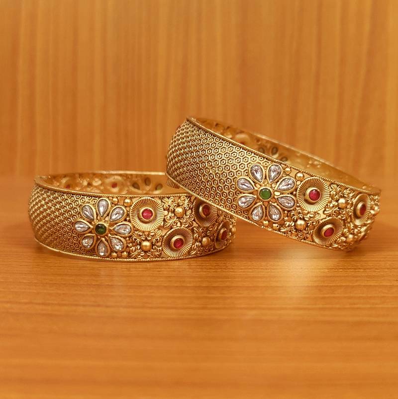 Women's Multicolour Matt Gold Look Kundan Polki Openable Bangles - Sanvi Jewels