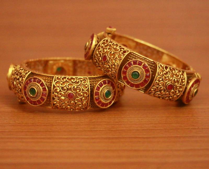 Women's Matt Gold Look Multicolour Polki Openable Bangles - Sanvi Jewels