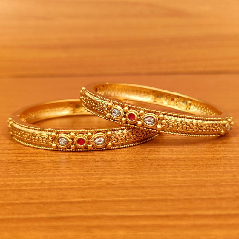 Women's Ruby Kundan Polki Matt Gold Premium Bangles - Sanvi Jewels