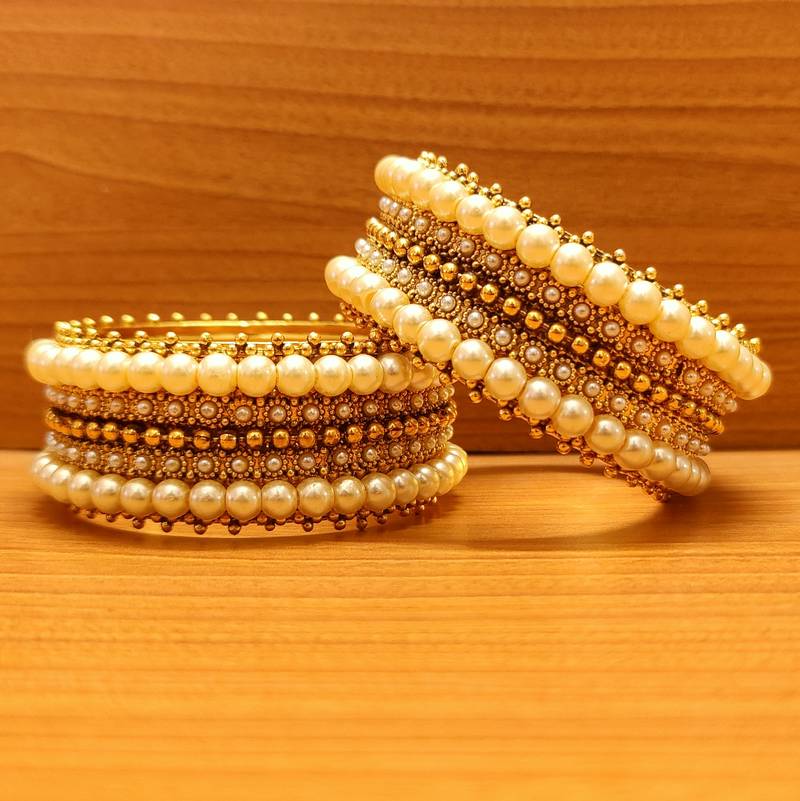 Women's Antique Gold Look Pearl Broad Designer Kada'S - Sanvi Jewels