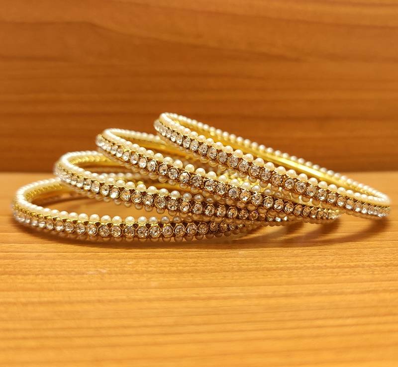 Women's Pearl & Zircon Single Line Antique Look Bangles - Sanvi Jewels