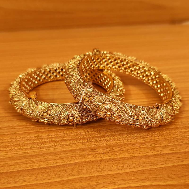 Women's Antique Gold Plated Flower Openable Bangles - Sanvi Jewels