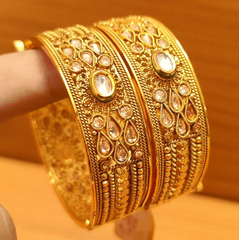 Women's Polki & Kundan Look Gold Plated Openable Bangles - Sanvi Jewels