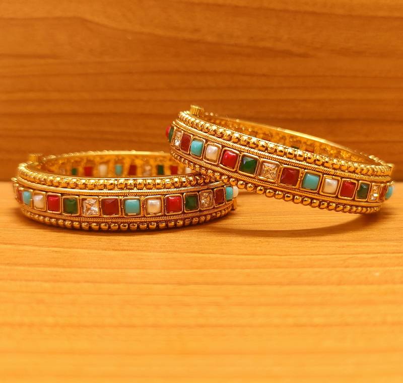 Women's Navratan Look Gold Plated Openable Bangles - Sanvi Jewels