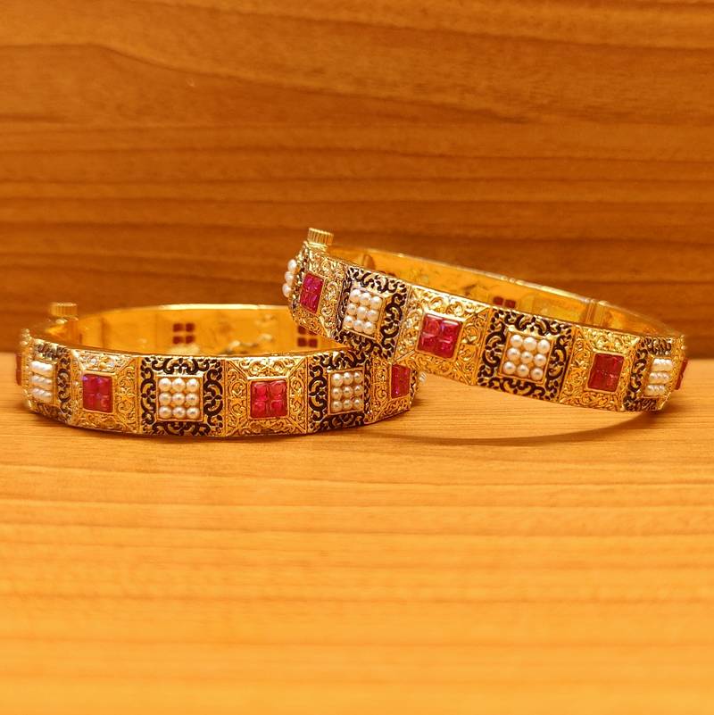 Women's Antique Gold Look Ruby & Pearl Bangles - Sanvi Jewels