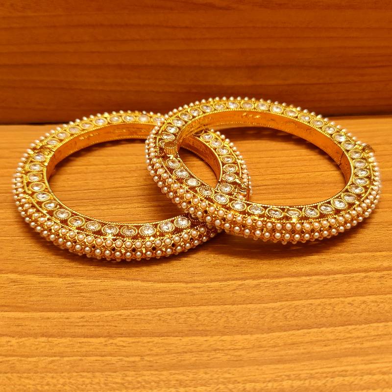 Women's Pearl & Zircon Studded Designer Polki Bangles - Sanvi Jewels