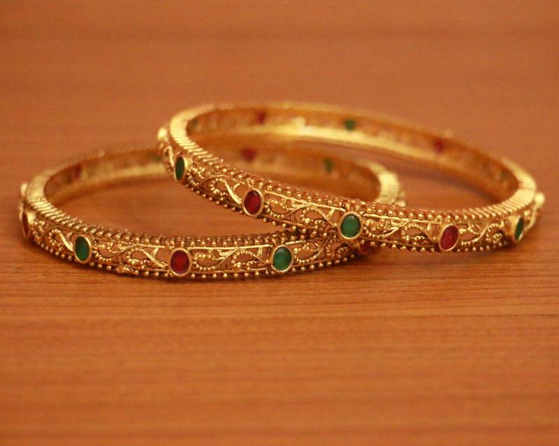 Women's Red & Green Antique Look Gold Bangles - Sanvi Jewels