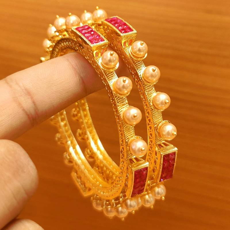 Women's Ruby & Pearl Gold Plated Pacheli Look Bangles - Sanvi Jewels