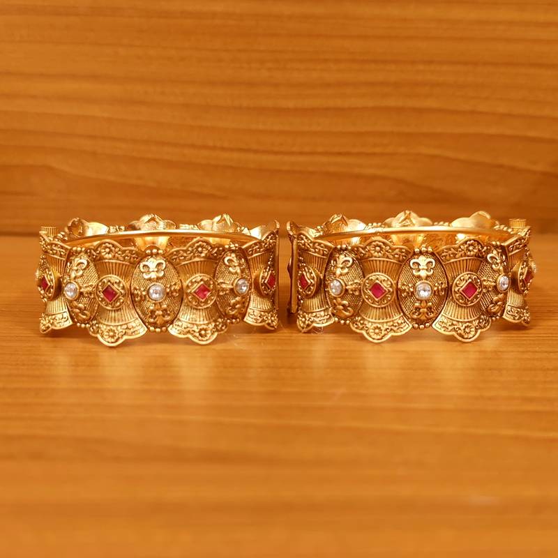 Women's Royal Hand Carved Gold Look Kundan & Ruby Openable Bangles - Sanvi Jewels