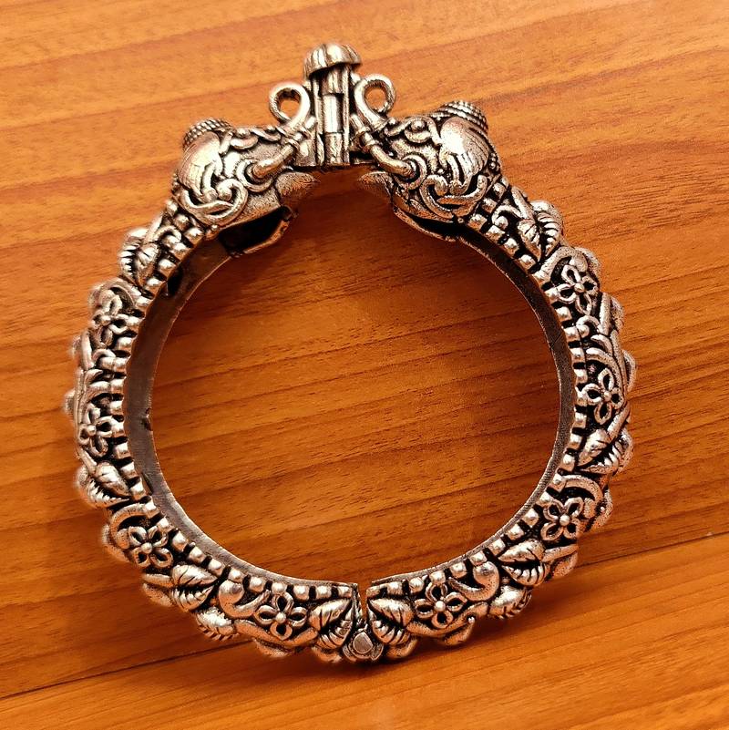 Women's Elephant Look Antique German Silver Openable Kada - Sanvi Jewels