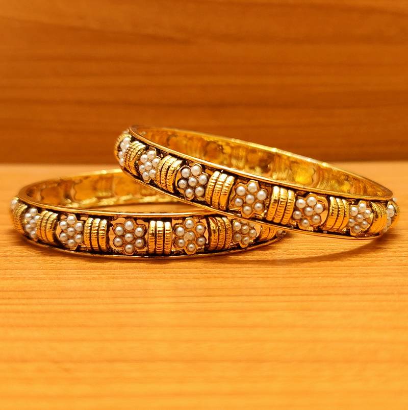 Women's Antique Pearl Studded Gold Look Bangles - Sanvi Jewels